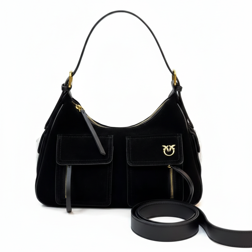 Pinko Love Bag Click Excursion Hobo – Black Suede Cargo Bag 30 cm
